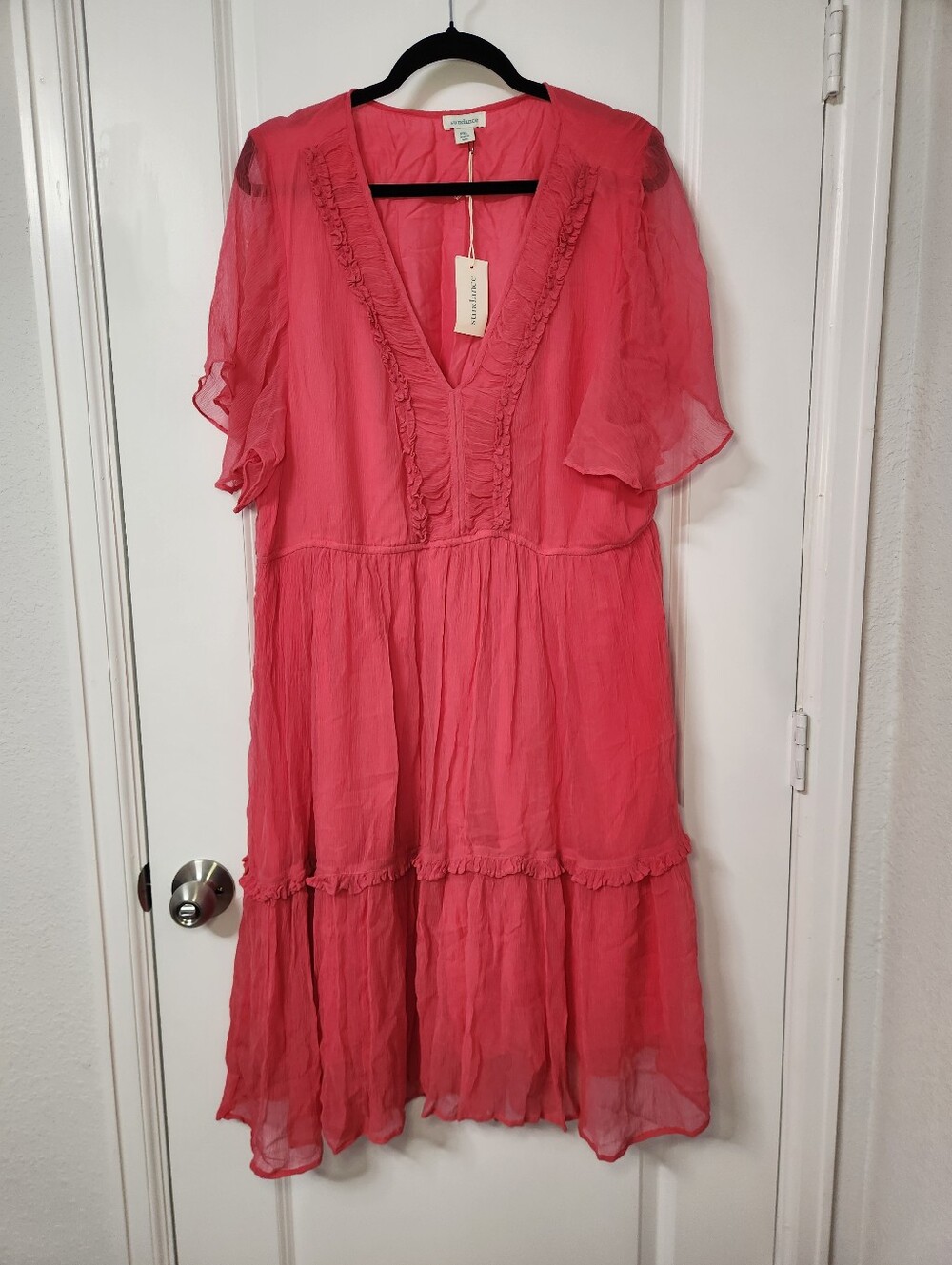 Sundance Coral Pink Tiered Ruffle V-Neck Dress